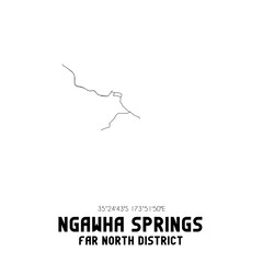 Ngawha Springs, Far North District, New Zealand. Minimalistic road map with black and white lines