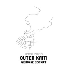 Outer Kaiti, Gisborne District, New Zealand. Minimalistic road map with black and white lines