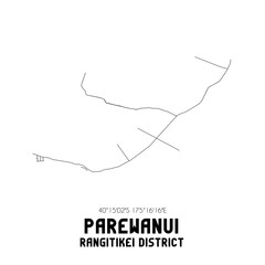 Parewanui, Rangitikei District, New Zealand. Minimalistic road map with black and white lines