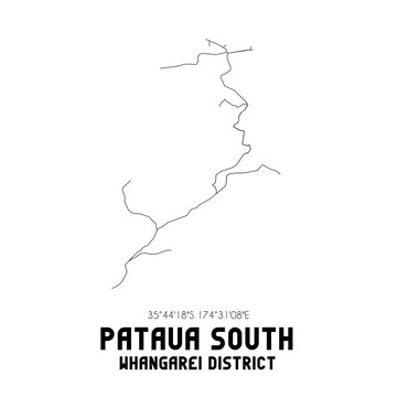 Pataua South, Whangarei District, New Zealand. Minimalistic road map with black and white lines