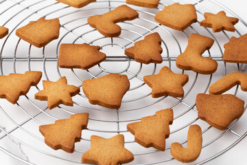 Christmas gingerbread cookies in different shapes on a white background