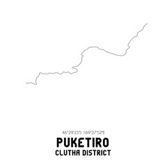 Puketiro, Clutha District, New Zealand. Minimalistic road map with black and white lines