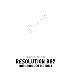 Resolution Bay, Marlborough District, New Zealand. Minimalistic road map with black and white lines