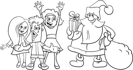cartoon Santa Claus with sack of Christmas gifts and kids