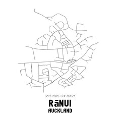 Ranui, Auckland, New Zealand. Minimalistic road map with black and white lines