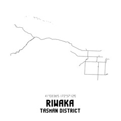 Riwaka, Tasman District, New Zealand. Minimalistic road map with black and white lines