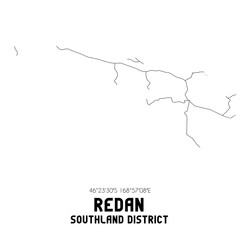 Redan, Southland District, New Zealand. Minimalistic road map with black and white lines