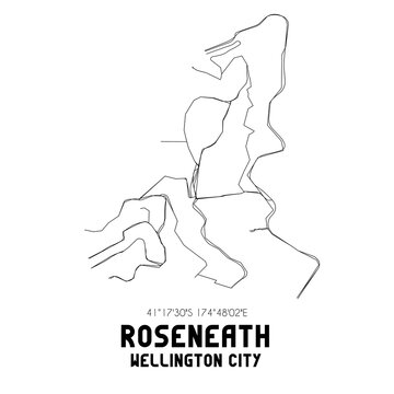 Roseneath, Wellington City, New Zealand. Minimalistic road map with black and white lines