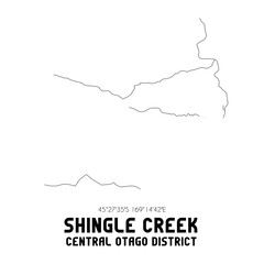 Shingle Creek, Central Otago District, New Zealand. Minimalistic road map with black and white lines