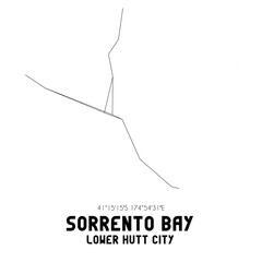 Sorrento Bay, Lower Hutt City, New Zealand. Minimalistic road map with black and white lines