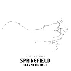 Springfield, Selwyn District, New Zealand. Minimalistic road map with black and white lines