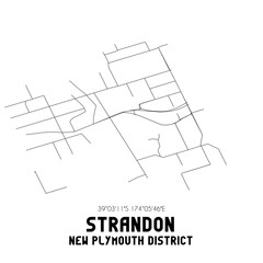 Strandon, New Plymouth District, New Zealand. Minimalistic road map with black and white lines