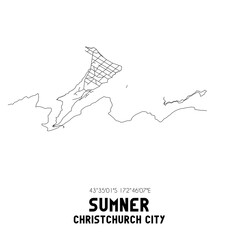 Sumner, Christchurch City, New Zealand. Minimalistic road map with black and white lines