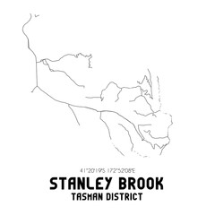 Stanley Brook, Tasman District, New Zealand. Minimalistic road map with black and white lines