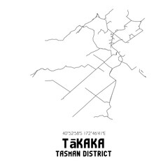 Takaka, Tasman District, New Zealand. Minimalistic road map with black and white lines