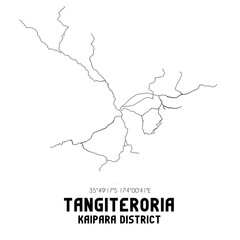 Tangiteroria, Kaipara District, New Zealand. Minimalistic road map with black and white lines