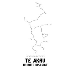 Te Akau, Waikato District, New Zealand. Minimalistic road map with black and white lines