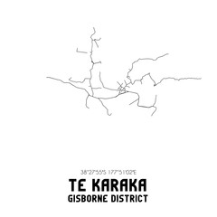 Te Karaka, Gisborne District, New Zealand. Minimalistic road map with black and white lines