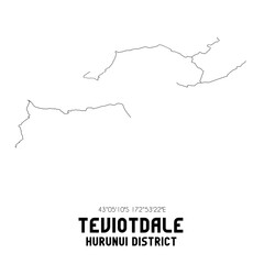 Teviotdale, Hurunui District, New Zealand. Minimalistic road map with black and white lines