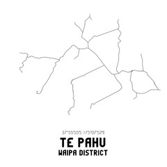 Te Pahu, Waipa District, New Zealand. Minimalistic road map with black and white lines