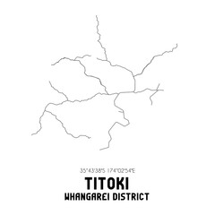 Titoki, Whangarei District, New Zealand. Minimalistic road map with black and white lines