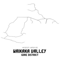 Waikaka Valley, Gore District, New Zealand. Minimalistic road map with black and white lines