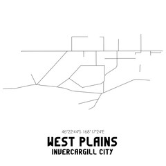 West Plains, Invercargill City, New Zealand. Minimalistic road map with black and white lines