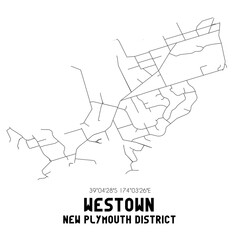 Westown, New Plymouth District, New Zealand. Minimalistic road map with black and white lines