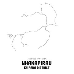 Whakapirau, Kaipara District, New Zealand. Minimalistic road map with black and white lines