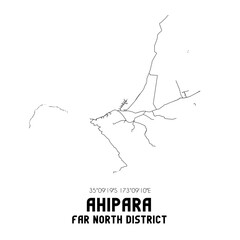 Ahipara, Far North District, New Zealand. Minimalistic road map with black and white lines