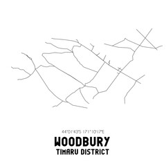 Woodbury, Timaru District, New Zealand. Minimalistic road map with black and white lines