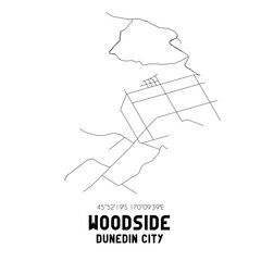 Woodside, Dunedin City, New Zealand. Minimalistic road map with black and white lines