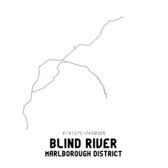 Blind River, Marlborough District, New Zealand. Minimalistic road map with black and white lines