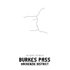 Burkes Pass, Mackenzie District, New Zealand. Minimalistic road map with black and white lines