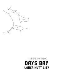 Days Bay, Lower Hutt City, New Zealand. Minimalistic road map with black and white lines