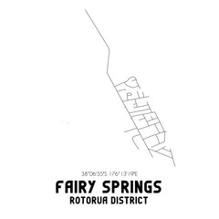 Fairy Springs, Rotorua District, New Zealand. Minimalistic road map with black and white lines