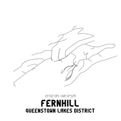 Fernhill, Queenstown-Lakes District, New Zealand. Minimalistic road map with black and white lines