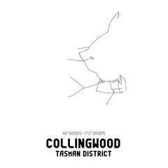 Collingwood, Tasman District, New Zealand. Minimalistic road map with black and white lines