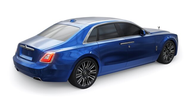 London, UK. November 09, 2022. Rolls-Royce Ghost 2020. Super premium VIP sedan for rich and famous people in blue metallic color on a white background. 3d rendering