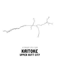 Kaitoke, Upper Hutt City, New Zealand. Minimalistic road map with black and white lines