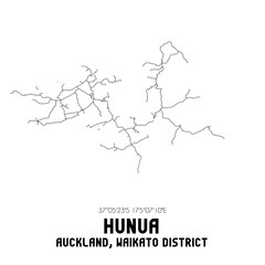 Hunua, Auckland, Waikato District, New Zealand. Minimalistic road map with black and white lines