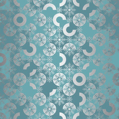 Creative seamless snowflake texture on blue background. Elegant geometric silver foil vector pattern with scratches for banners, Christmas and New Year cards and wrapping paper.