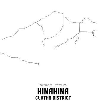 Hinahina, Clutha District, New Zealand. Minimalistic road map with black and white lines