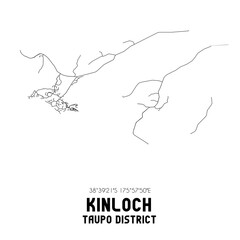 Kinloch, Taupo District, New Zealand. Minimalistic road map with black and white lines