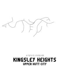 Kingsley Heights, Upper Hutt City, New Zealand. Minimalistic road map with black and white lines