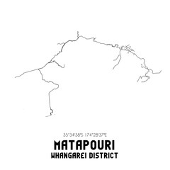 Matapouri, Whangarei District, New Zealand. Minimalistic road map with black and white lines