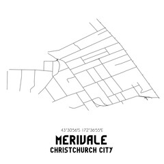 Merivale, Christchurch City, New Zealand. Minimalistic road map with black and white lines