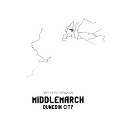Middlemarch, Dunedin City, New Zealand. Minimalistic road map with black and white lines