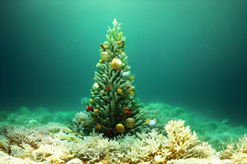 Fototapeta na wymiar illustration of a decorated christmas tree under water in a reef for a unique christmas greetings card
