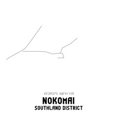 Nokomai, Southland District, New Zealand. Minimalistic road map with black and white lines